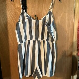 Copper Key, blue and white stripe, size L or 8 in women’s, one piece romper